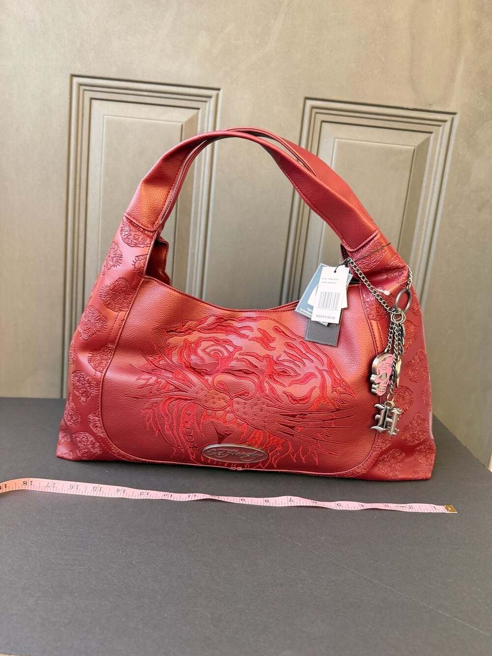Ed Hardy Burgundy Embossed Hobo Handbag Bag Purse With Charms